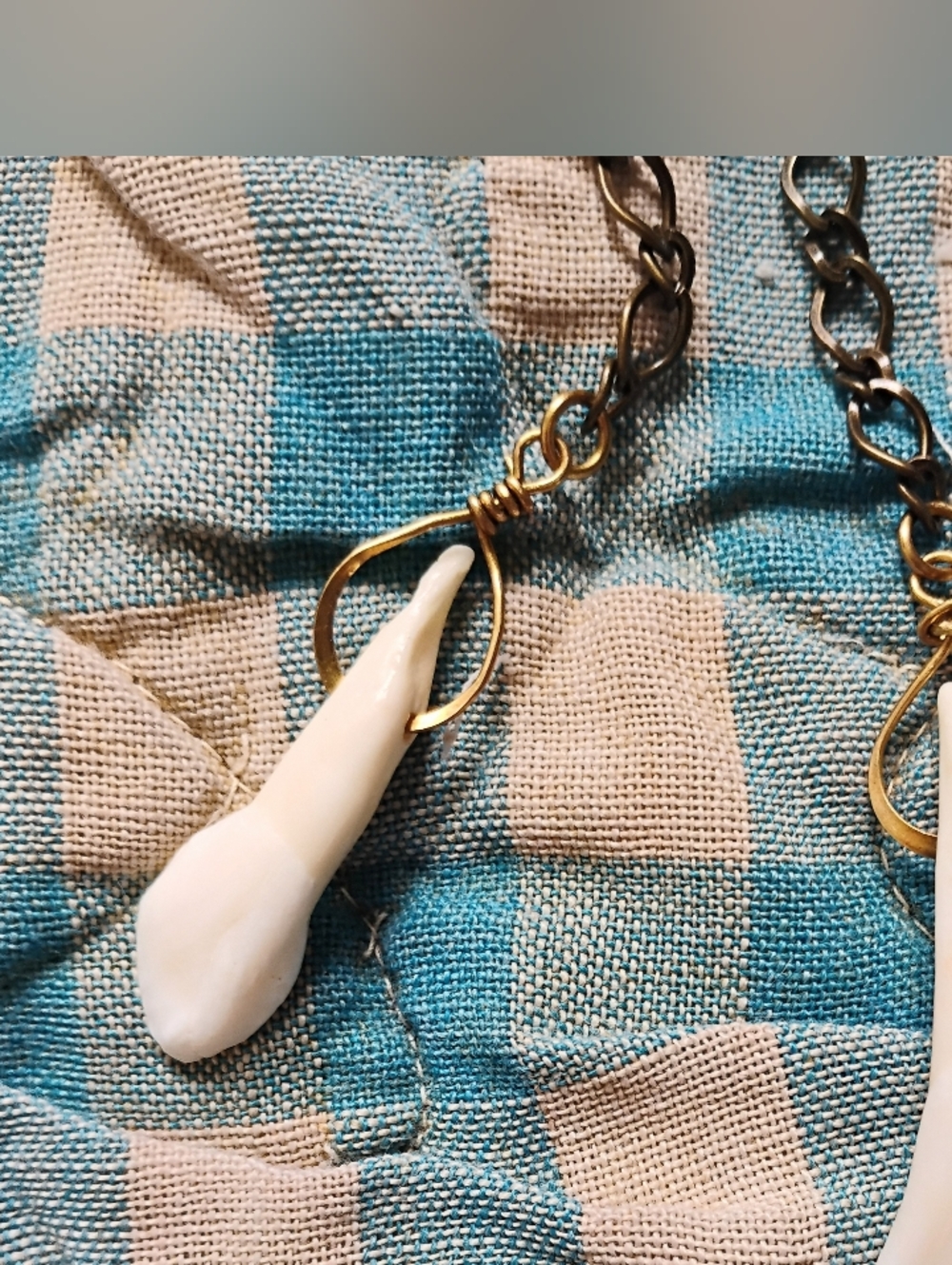 Long Buffalo Tooth Chain Earrings - Handmade - Picture 3 of 6